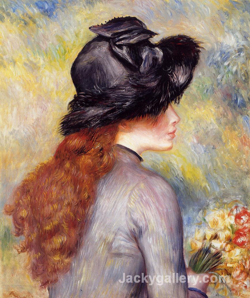 Young Girl Holding at Bouquet of Tulips by Pierre Auguste Renoir paintings reproduction
